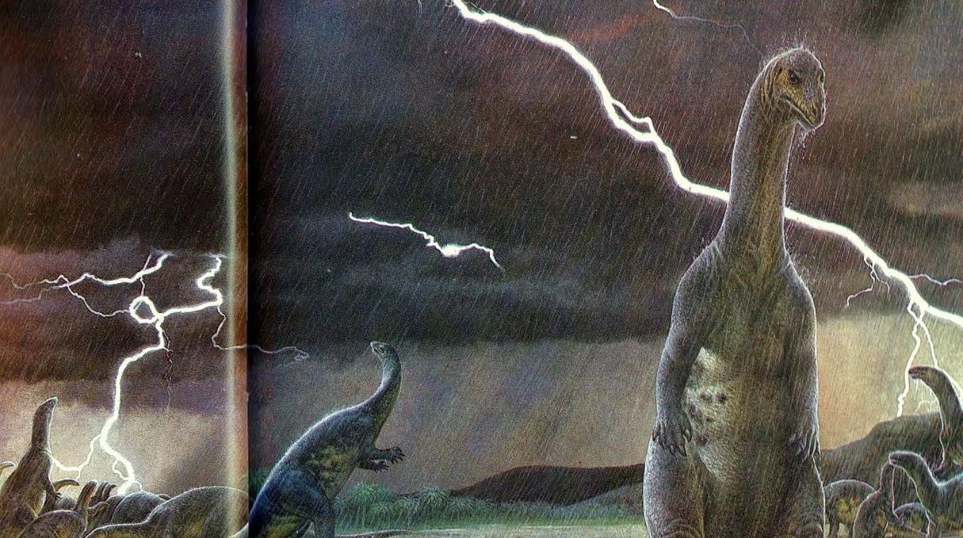 Dinosaurio bajo la lluvia