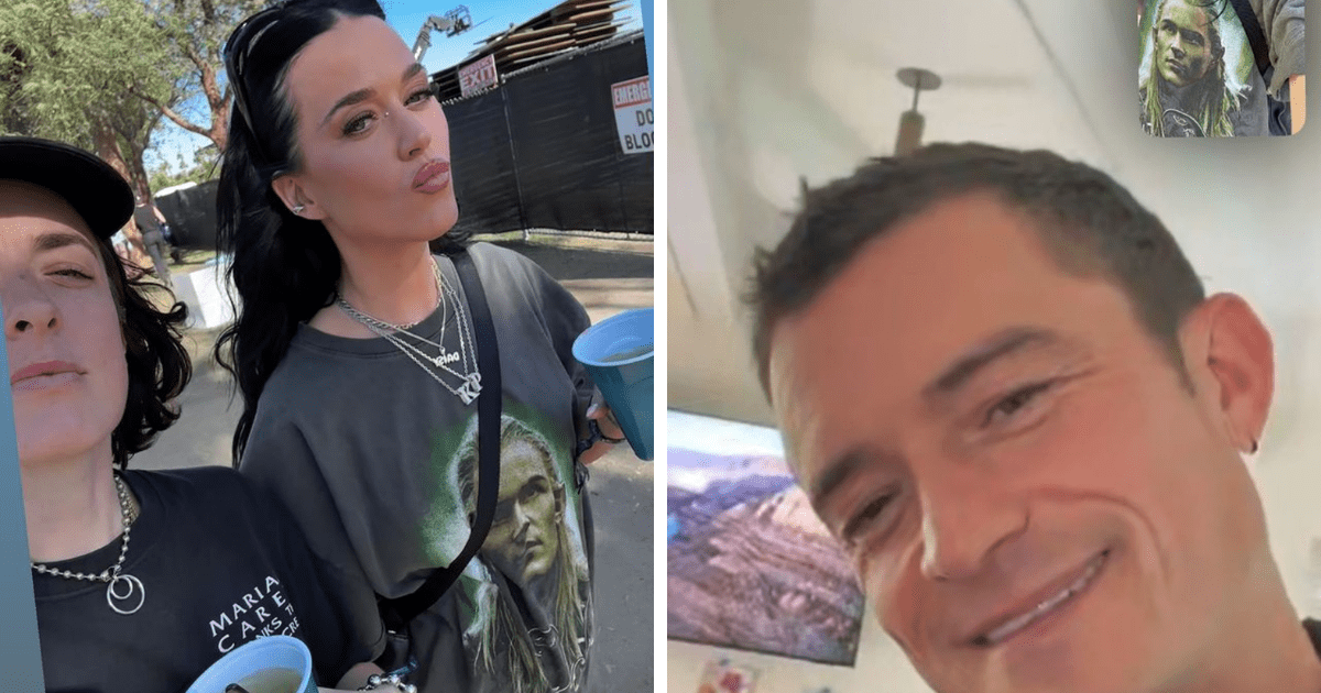 Fangirl Katy Perry usa camiseta con la cara de Orlando Bloom y lo llama por video desde Coachella