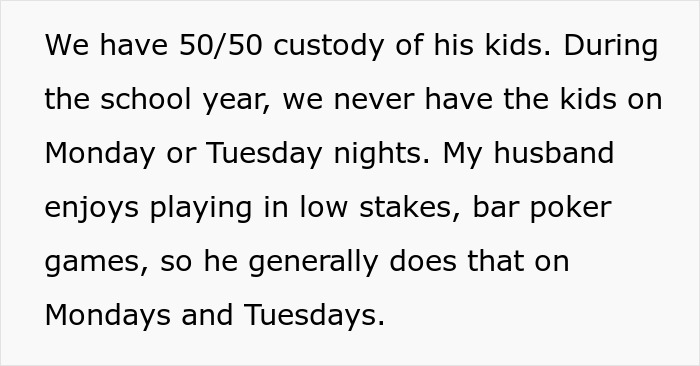 Envíe un mensaje de texto sobre el acuerdo de custodia 50/50 donde los hijos del esposo no están en casa los lunes y martes.