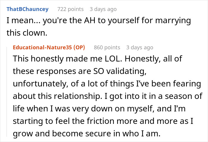 Reddit comenta discutiendo las expectativas de la relación y el crecimiento personal.