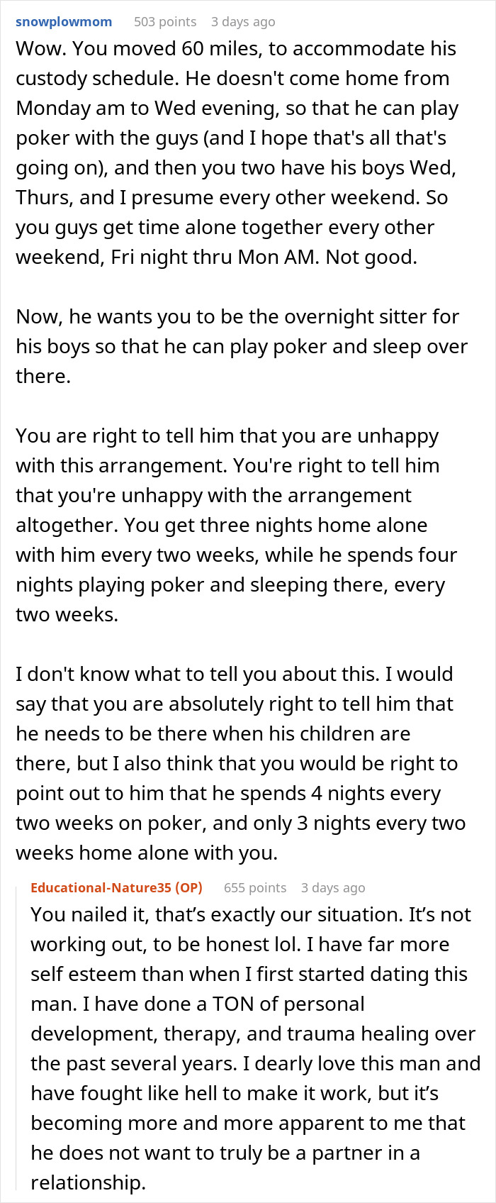 Captura de pantalla de texto de una discusión sobre la custodia, la crianza de los hijos y las expectativas de la relación con respecto a la presencia del esposo.