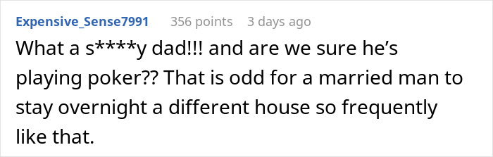 Comentario de Reddit cuestionando las frecuentes ausencias durante la noche del esposo cuando sus hijos están en casa.