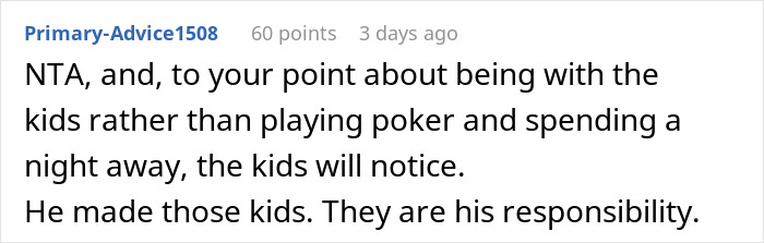 Comentario de Reddit discutiendo la responsabilidad y la presencia de los padres para los hijos del marido.