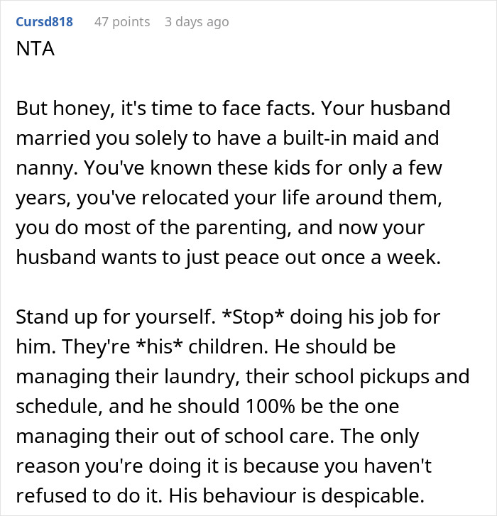 Comentario discutiendo las expectativas del esposo para las tareas de crianza de los hijos.