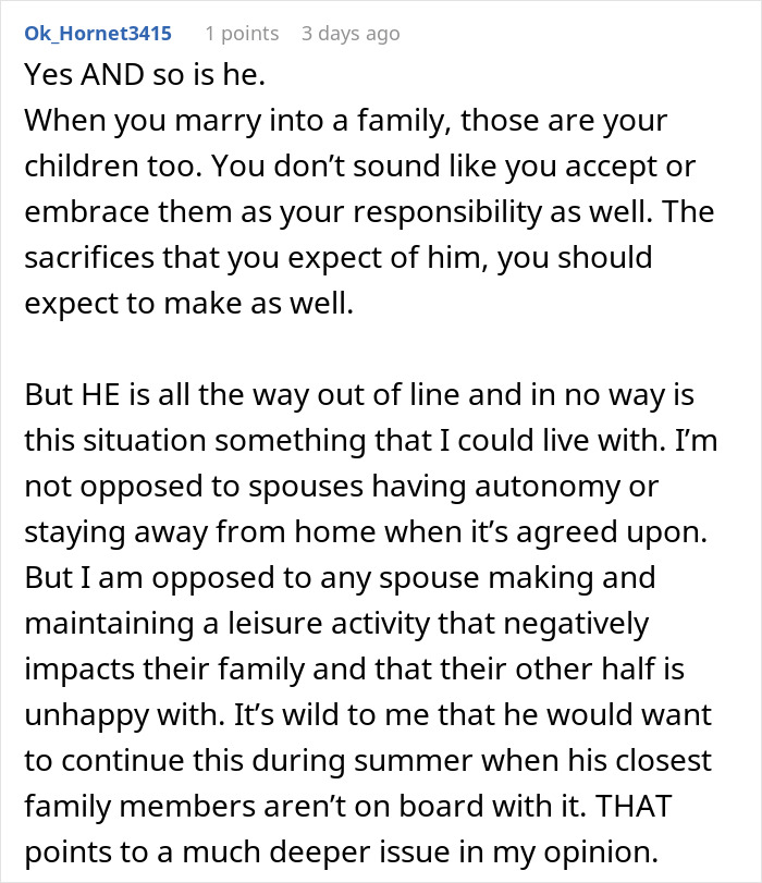 Comentario de texto discutiendo las responsabilidades familiares y la autonomía del cónyuge.