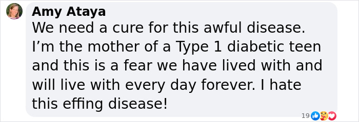 Comentario expresando preocupación por la diabetes y la necesidad de una cura.