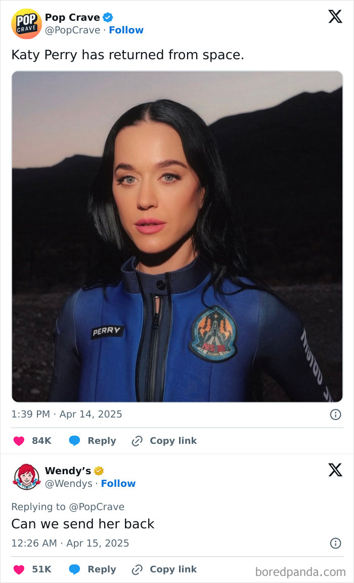 El tuit de Wendy sobre Katy Perry en traje de espacios, haciendo referencia a los comentarios en línea.