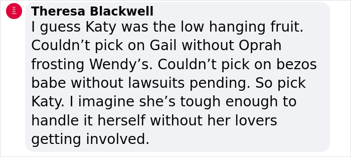 Teresa Blackwell comentario discutiendo la respuesta de Wendy a la crítica de Katy Perry.