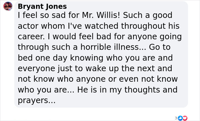 Comentario expresando simpatía por la demencia de Willis, destacando el impacto emocional de la enfermedad.