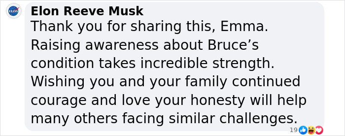 Elon Musk elogia el coraje de Emma por crear conciencia sobre la demencia de Bruce Willis, enfatizando la honestidad y el apoyo.