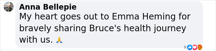 Comente elogiando a Emma Heming por compartir el viaje de demencia de Bruce Willis, con emoticones de apoyo.