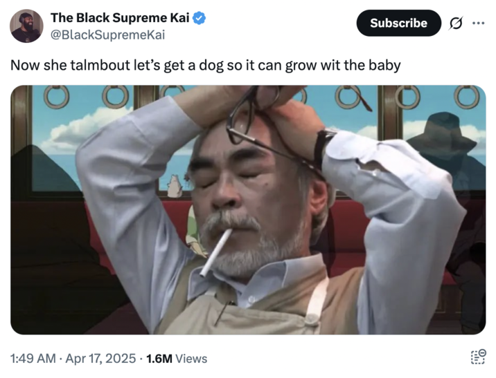17 de abril de 2025 Tweet por @blacksupreemekai Un meme con el cofundador y animador de Studio Ghibli Hayao Miyazaki. La imagen lo muestra luciendo estresado con una C -------- en la boca y los ojos cerrados. Este tweet de @blacksupreemekai dice,