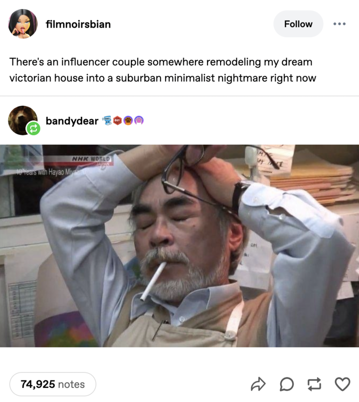 28 de mayo de 2021 Tumblr Post por @BandyDear Un meme con el cofundador y animador de Studio Ghibli Hayao Miyazaki. La imagen lo muestra luciendo estresado con una C -------- en la boca y los ojos cerrados. Esta publicación de Tumblr dice,