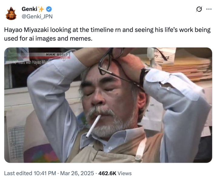 26 de marzo de 2025 Tweet por @genki_jpn Un meme con el cofundador y animador de Studio Ghibli Hayao Miyazaki. La imagen lo muestra luciendo estresado con una C -------- en la boca y los ojos cerrados. Este tweet de @genki_jpn dice,