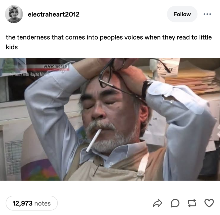1 de junio de 2021 Tumblr Post Un meme con el cofundador y animador de Studio Ghibli Hayao Miyazaki. La imagen lo muestra luciendo estresado con una C -------- en la boca y los ojos cerrados. Esta publicación de @electraheart2012 dice,