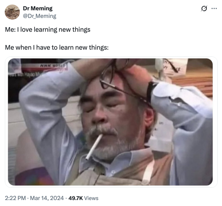 14 de marzo de 2025 Tweet por @dr_meming Un meme con el cofundador y animador de Studio Ghibli Hayao Miyazaki. La imagen lo muestra luciendo estresado con una C -------- en la boca y los ojos cerrados. Este tweet de @dr_meming dice,