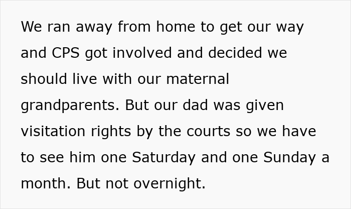 Texto que describe una situación que involucra a CPS, abuelos y derechos de visita de papá.