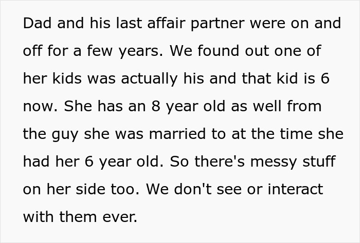 Texto sobre complejidades familiares y problemas de relación, posiblemente discutiendo el compromiso de un padre.
