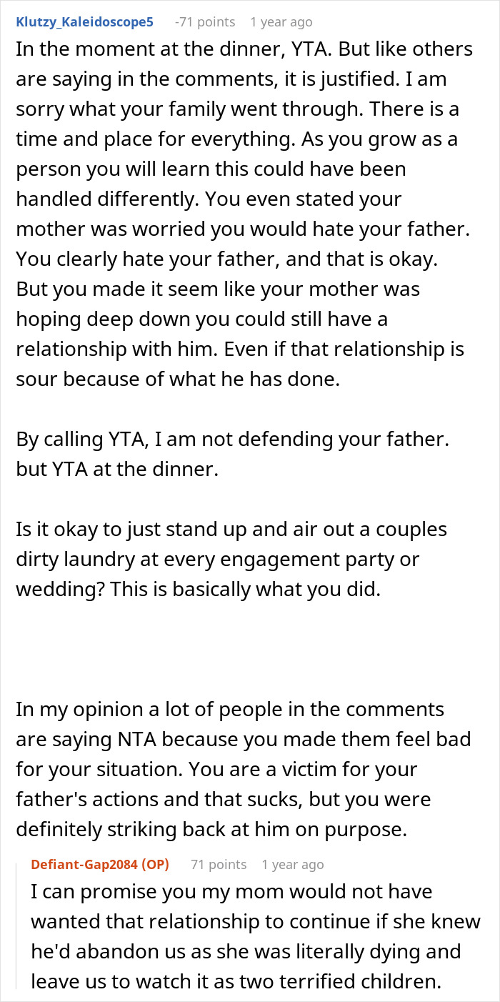 Los comentarios de Reddit discuten la incomodidad causada durante la cena de compromiso de un padre.