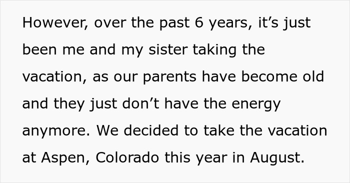 Texto discutiendo planes de vacaciones familiares en Aspen, Colorado sin padres.