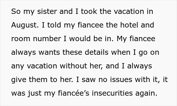 Envíe un mensaje de texto sobre una mujer preocupada por las vacaciones familiares del prometido que detalla las inseguridades y el intercambio de la información del hotel.
