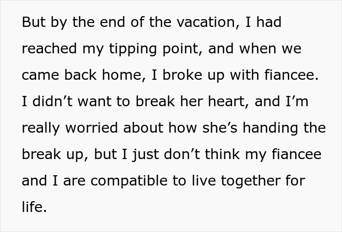 Texto que describe una ruptura después de unas vacaciones familiares, centrándose en problemas de compatibilidad con una prometida.