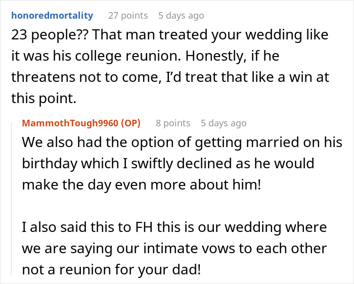 Reddit comenta sobre el futuro suegro invitando a 23 personas a la boda, causando la ira de la novia.
