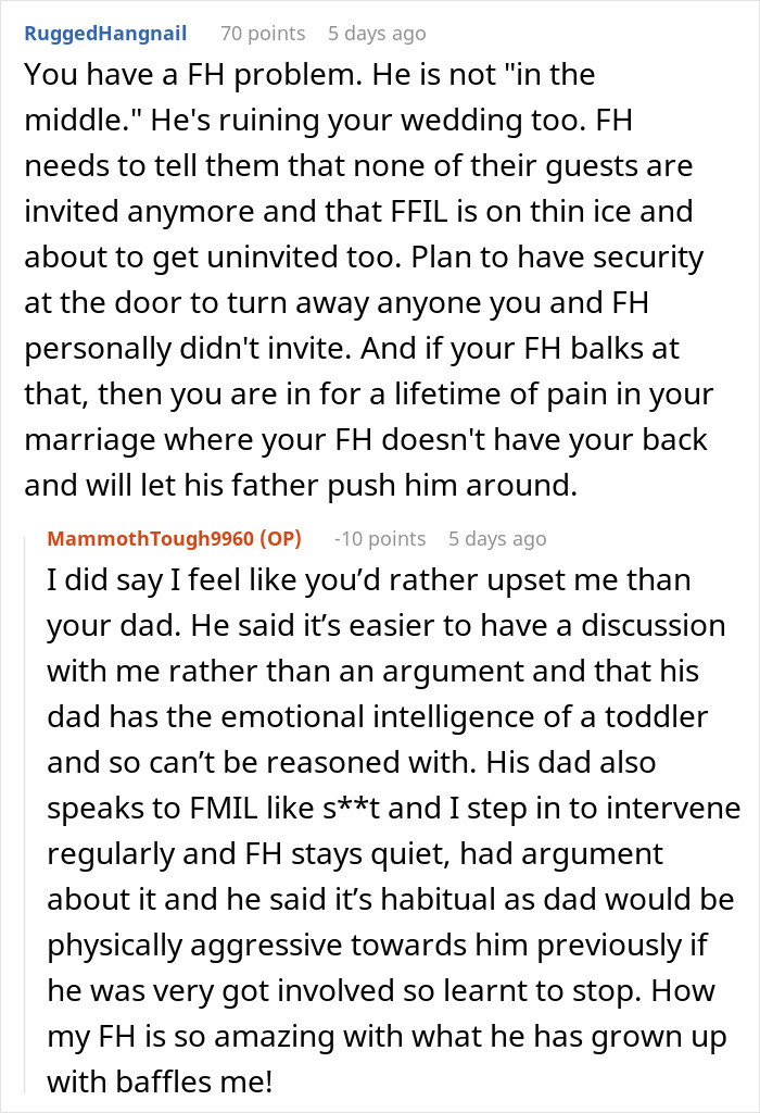 Intercambio de texto sobre los problemas de boda causados ​​por el futuro suegro invitando a los invitados adicionales.