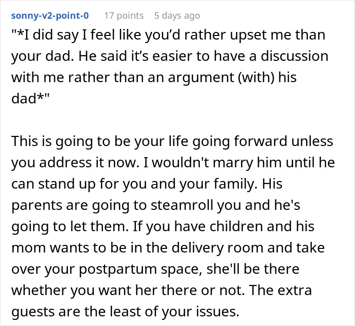 Intercambio de mensajes de texto sobre el futuro suegro invitando a los invitados a la boda adicionales; Novia molesta por los límites familiares.