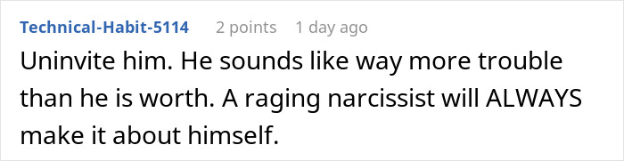 Comentario que sugiere a un futuro suegro de la boda, describiéndolo como narcisista.