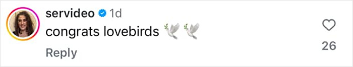 Comentario diciendo "Felicitaciones de tortolitos" con emojis de paloma y 26 me gusta.