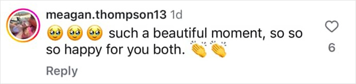 Comentario de Instagram celebrando el momento de la boda de Dylan Meyer, con corazón y emojis aplaudidos.