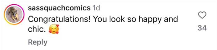 Comentario de Instagram felicitando "tortolitos" Mencionando que se ven felices y elegantes, con 34 me gusta y emoji del corazón.