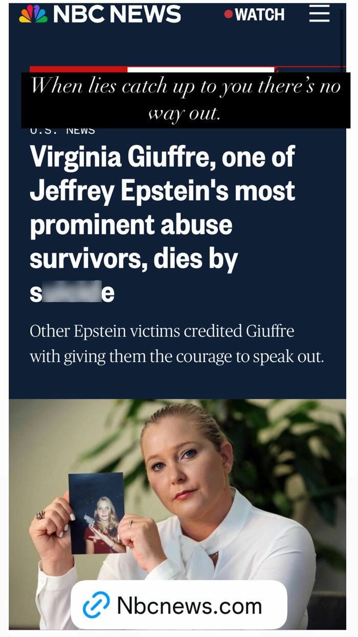 El título de NBC News sobre la muerte de Virginia Giuffre, con un texto sombrío de superposición arriba.