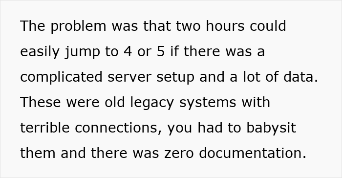 Texto sobre problemas técnicos con sistemas antiguos de heredado y mala documentación.