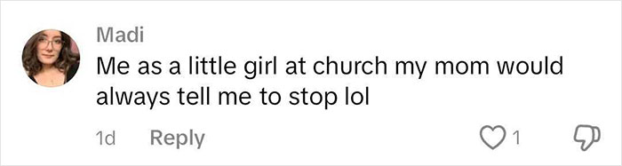 Comentario del usuario "Madi" Recordando el comportamiento como una niña en la iglesia.