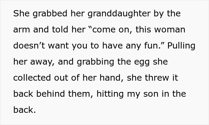 Texto que describe la nieta de un vecino durante un evento de Pascua, que involucra un incidente con un huevo lanzado.
