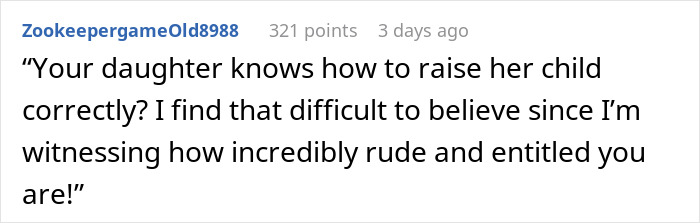 Comentario de Reddit discutiendo la nieta de un vecino, mencionando derechos y habilidades para padres.