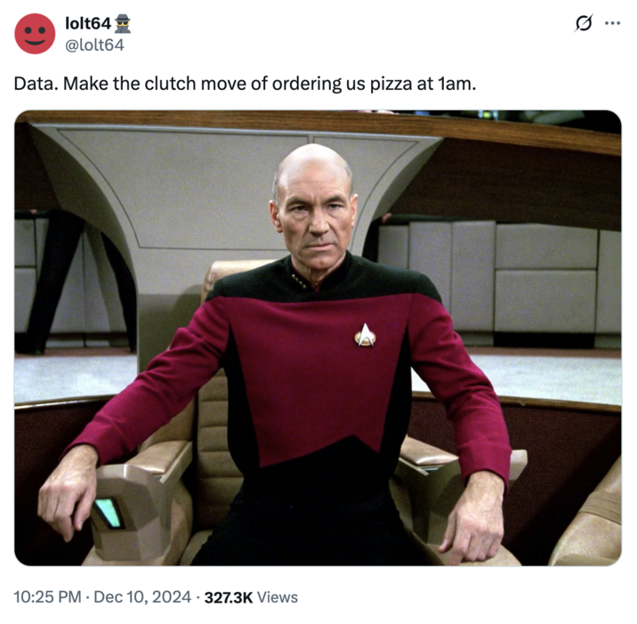 10 de diciembre de 2024 Tweet por @lolt64 X usuario @lolt64 publicó una imagen del actor Patrick Stewart como Picard en _star trek_, escribiendo,