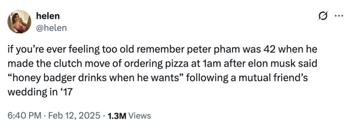 12 de febrero de 2024 Tweet por @Helen X usuario @Helen contó la respuesta de Peter Pham a Elon Musk en febrero de 2024, escribiendo,