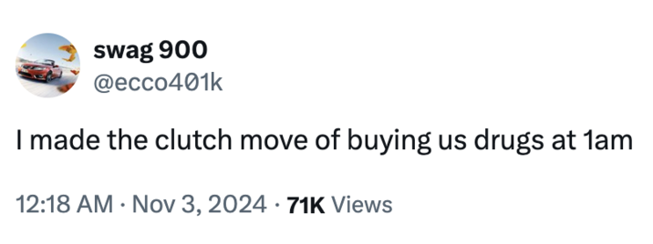3 de noviembre de 2024 Tweet por @ECCO401K X usuario @ECCO401K reunió más de 3.000 me gusta en un tweet que se riffing en una respuesta de 2023 a Elon Musk por X user @peterpham. La publicación dice