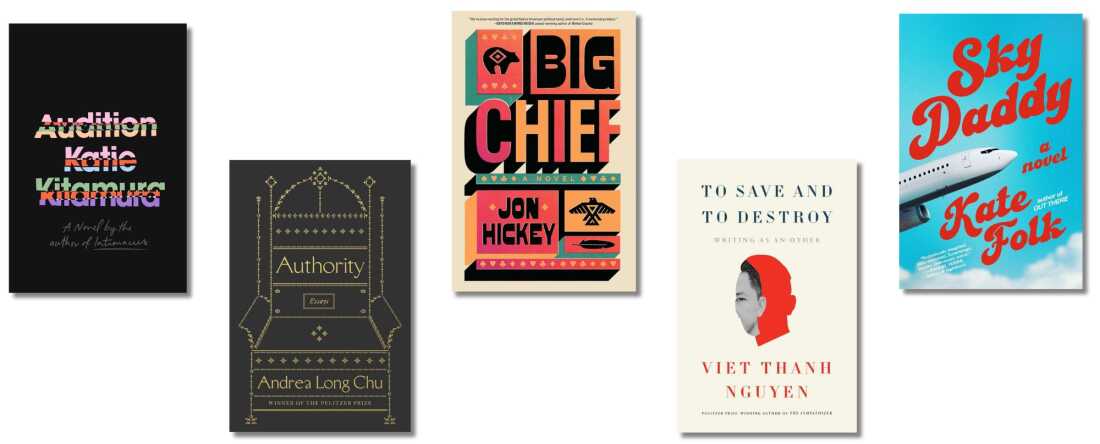 Cubiertas de libros de Audition, Autoridad: Ensayos, Big Chief, para salvar y destruir: Escribir como otro, y Sky Daddy.