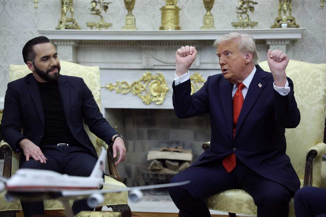 En esta foto, el presidente Trump y el presidente salvadoreño Nayib Bukele se sientan en sillones tapizados en la Oficina Oval. Trump está sentado a la derecha, haciendo un gesto con los brazos levantados. Bukele está sentado a la izquierda.