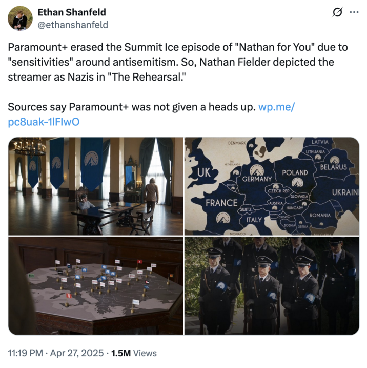 27 de abril de 2025 Tweet por @ethanshanfeld X Usuario @ethanshanfeld compartió varias imágenes de Nathan Fielder's _the Rehearsal_, mostrando cómo recreó sus interacciones con Paramount+ y las comparó con el Partido Nazi.
