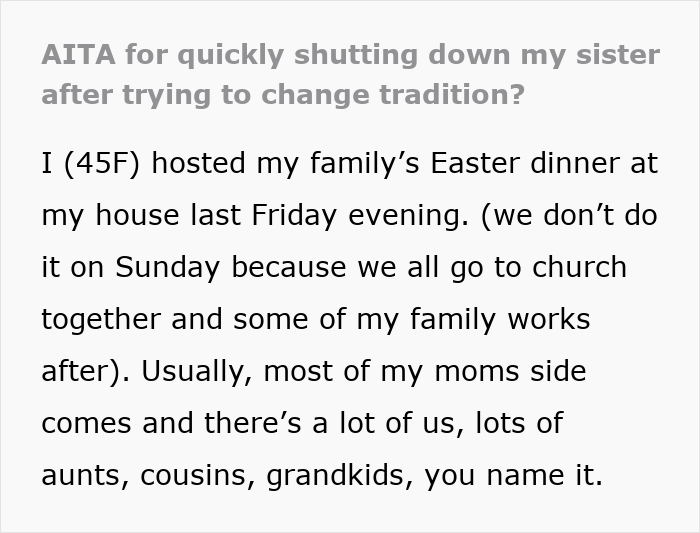 Extracto de texto discutiendo una cena familiar de Pascua y una hermana que intenta cambiar la tradición, relacionada con la palabra clave AITA.