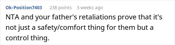 Comentario de Reddit discutiendo la eliminación de seguimiento del teléfono de los padres debido a las preocupaciones de privacidad y control sobre el monitoreo de la ubicación.