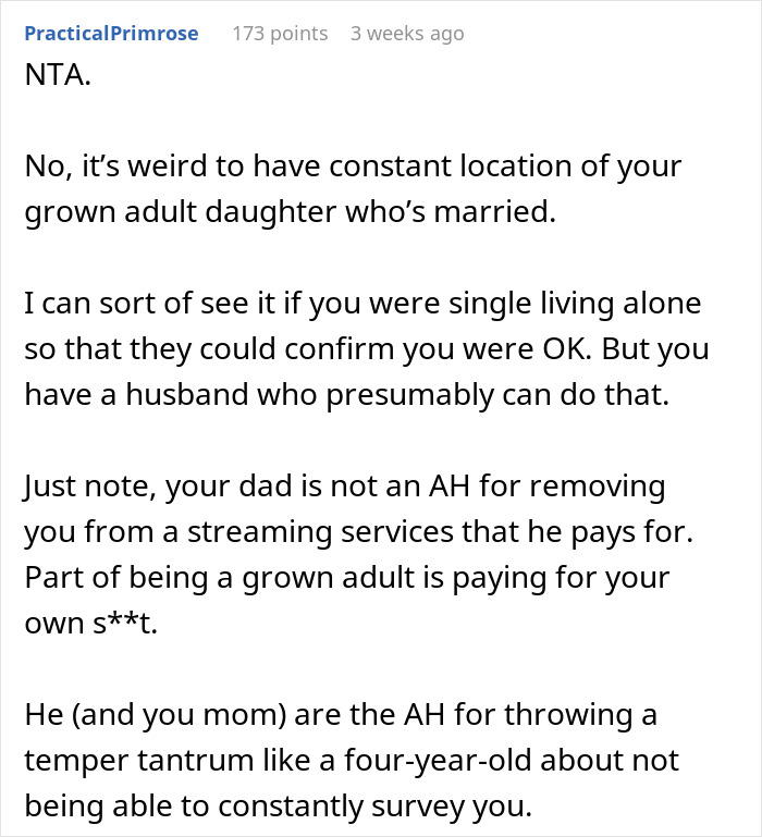 Comentario discutiendo eliminar el seguimiento del teléfono debido a que los padres ven constantemente la ubicación de su hija adulta adulta.