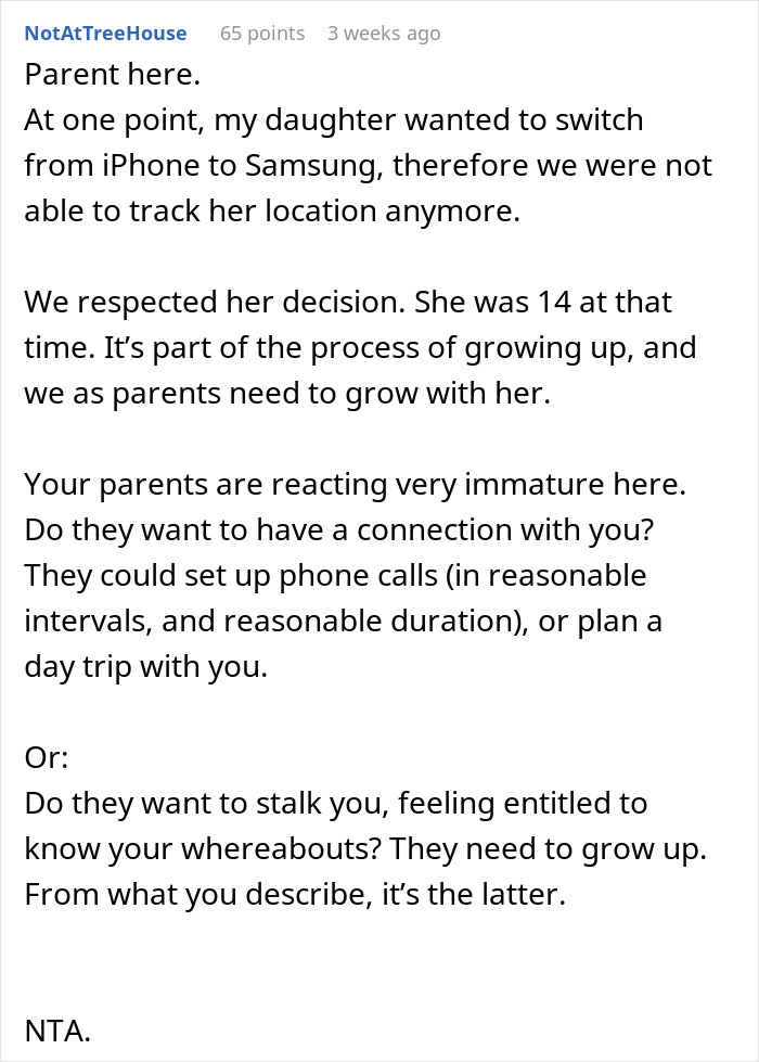 Comente de un padre acerca de eliminar el seguimiento del teléfono debido a la privacidad y la ubicación compartiendo preocupaciones con su hijo.
