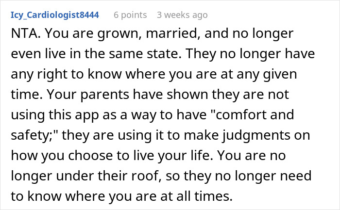 Captura de pantalla de un comentario de Reddit discutiendo la eliminación de seguimiento del teléfono de los padres que lo usan para ver las preocupaciones de privacidad de la ubicación.