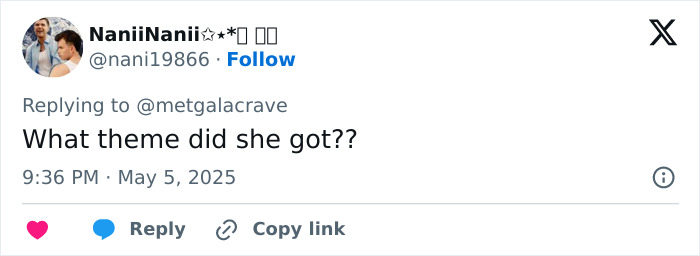 Tweet diciendo qué tema recibió?, Destacando la reacción pública a la controversia del tema del vestido de gala Met Gigi Hadid.